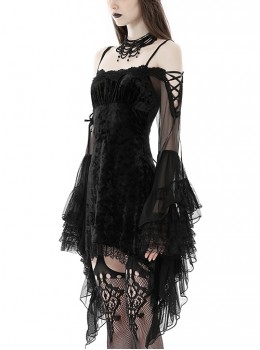 Gothic Style Elegant Velvet Sexy Off Shoulder Gorgeous Mesh Lace Ruffled Black Trumpet Sleeves Suspender Dress