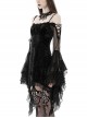 Gothic Style Elegant Velvet Sexy Off Shoulder Gorgeous Mesh Lace Ruffled Black Trumpet Sleeves Suspender Dress