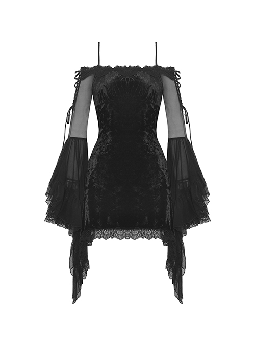 Gothic Style Elegant Velvet Sexy Off Shoulder Gorgeous Mesh Lace Ruffled Black Trumpet Sleeves Suspender Dress