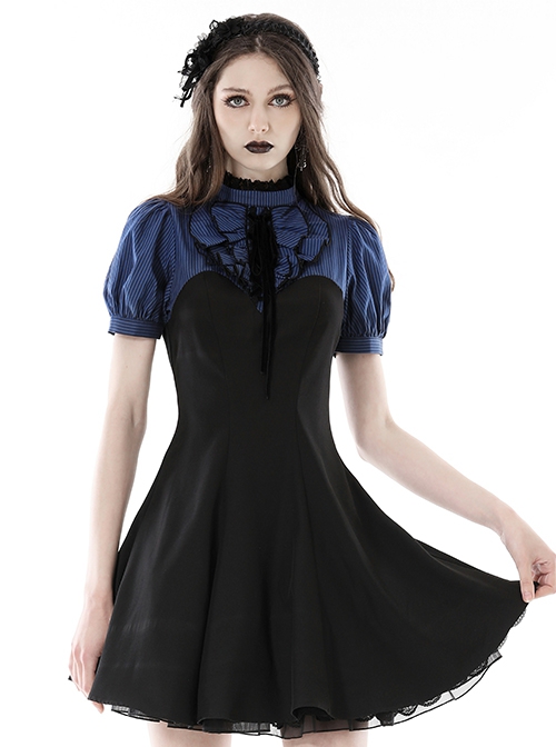 Gothic Style Elegant Lace Ruffled Stand Collar Velvet Strap Blue And Black Spliced Retro Puff Sleeves Slim Dress