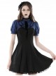 Gothic Style Elegant Lace Ruffled Stand Collar Velvet Strap Blue And Black Spliced Retro Puff Sleeves Slim Dress