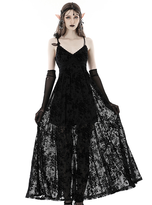 Gothic Style Luxury Rose Flocking Three Dimensional Rose Decoration See Through Black Suspender Maxi Dress