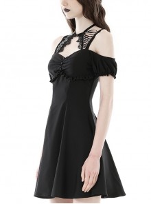 Gothic Style Sexy Off Shoulder Exquisite Lace Ruffled Black Suspender Halterneck Slim Dress