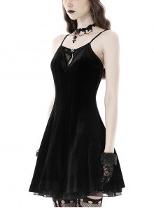 Gothic Style Luxury Velvet Sexy Hollow Metal Cross Decorated Unique Embroidered Bat Black Suspender Dress