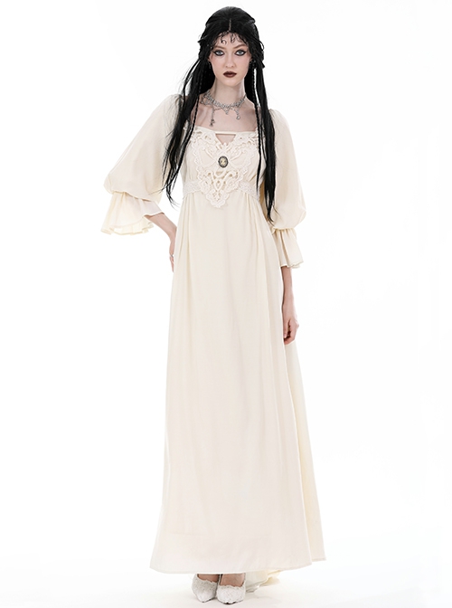 Steampunk Style Elegant Square Neck One Shoulder Exquisite Embroidered Lace Beige Lantern Sleeves Maxi Dress