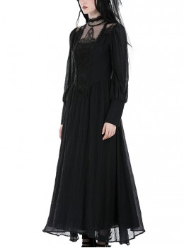 Gothic Style Elegant Lace Splicing Stand Collar Tencel Fabric Black Long Sleeves Maxi Dress