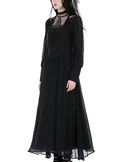 Gothic Style Elegant Lace Splicing Stand Collar Tencel Fabric Black Long Sleeves Maxi Dress