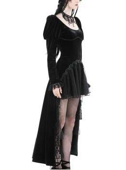 Gothic Style Luxury Velvet Exquisite Lace Ruffled Hem Short Front And Long Back Black Puff Long Sleeves Dress