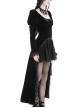 Gothic Style Luxury Velvet Exquisite Lace Ruffled Hem Short Front And Long Back Black Puff Long Sleeves Dress
