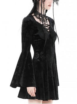 Dark Gothic Style Luxury Rose Dark Pattern Velvet Chest Strap Design Black Trumpet Long Sleeves Short Dress