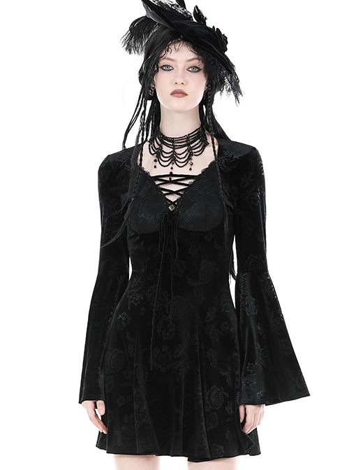 Dark Gothic Style Luxury Rose Dark Pattern Velvet Chest Strap Design Black Trumpet Long Sleeves Short Dress