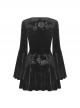 Dark Gothic Style Luxury Rose Dark Pattern Velvet Chest Strap Design Black Trumpet Long Sleeves Short Dress
