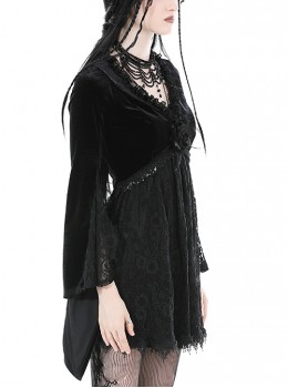 Gothic Style Elegant V Neck Exquisite Rose Lace Spliced Velvet Black Trumpet Long Sleeves Slim Dress