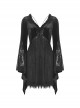 Gothic Style Elegant V Neck Exquisite Rose Lace Spliced Velvet Black Trumpet Long Sleeves Slim Dress