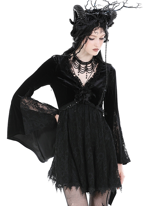 Gothic Style Elegant V Neck Exquisite Rose Lace Spliced Velvet Black Trumpet Long Sleeves Slim Dress