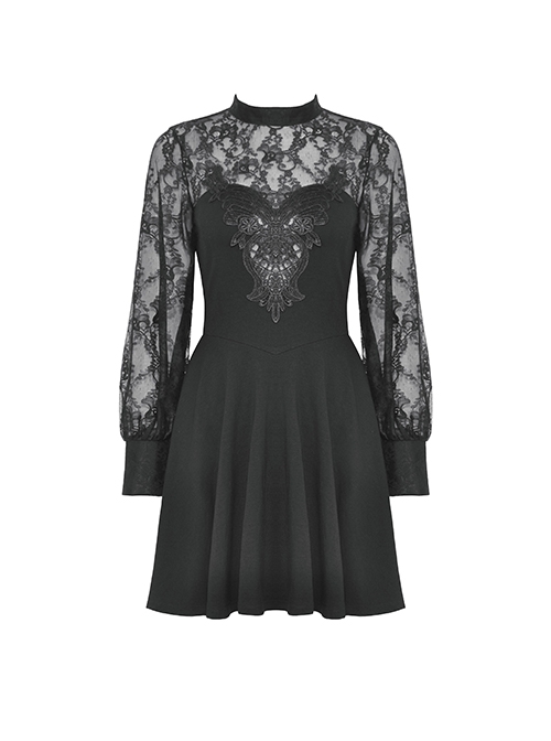 Gothic Style Sexy Backless Exquisite Lace Splicing Gorgeous Embroidered Patch Black Long Sleeves Dress