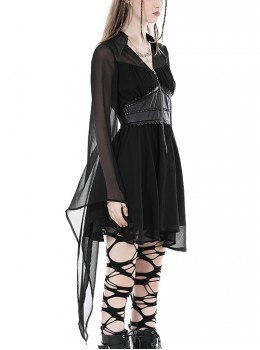 Gothic Style Elegant Witch Fake Two Piece Sexy Mesh See Through Black Long Trumpet Sleeves Dress