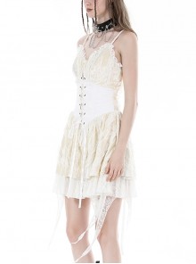 Steampunk Style Velvet Exquisite Ruffled Fake Strap Waist Design Sexy Off White Suspender Dress