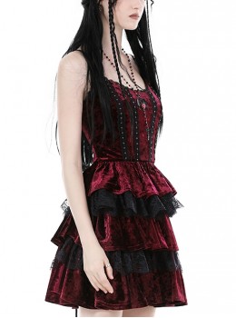 Gothic Style Luxury Velvet Chest Lace Buttons Decorated Multi Layer Hem Red Suspender Cake Dress