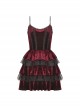 Gothic Style Luxury Velvet Chest Lace Buttons Decorated Multi Layer Hem Red Suspender Cake Dress