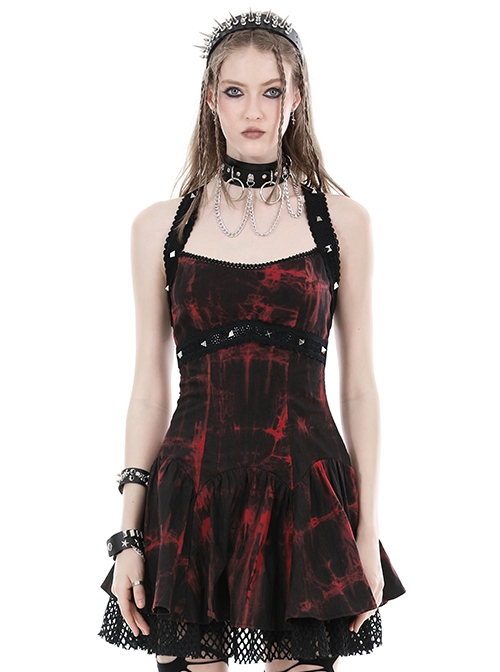 Punk Style Sexy Rock Mesh Spliced Metal Rivets Decorated Cool Black And Red Tie-Dye Suspender Dress