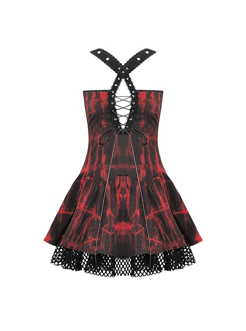 Punk Style Sexy Rock Mesh Spliced Metal Rivets Decorated Cool Black And Red Tie-Dye Suspender Dress