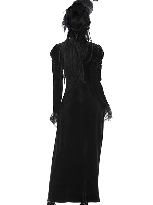 Gothic Style Elegant Stand Collar Gorgeous Velvet Retro Cross Decorated Black Puff Long Sleeves Slim Dress
