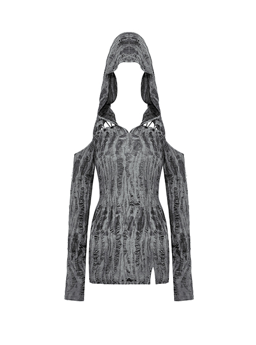 Punk Style Tattered Design V Neck Sexy Ripped Off Shoulder Gray Long Sleeves Slim Hooded Top