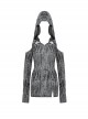 Punk Style Tattered Design V Neck Sexy Ripped Off Shoulder Gray Long Sleeves Slim Hooded Top