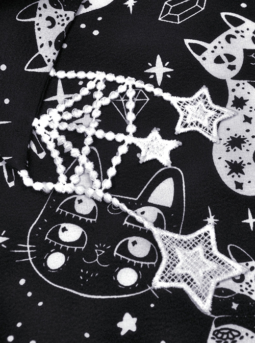 Punk Style Unique Cat Star Divination Print Black And White Vacation Leisure Blouse
