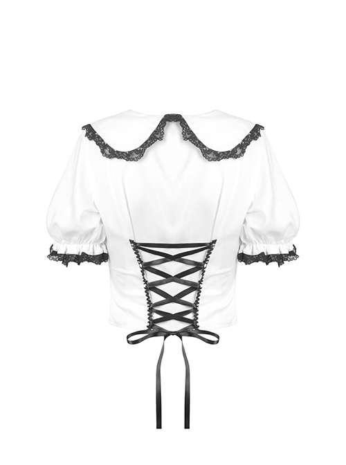 Gothic Style Cute Doll Collar Exquisite Love Button Lace Splicing White Puff Short Sleeves Blouse