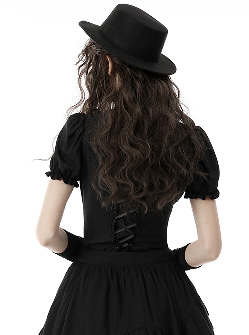 Gothic Style Retro Stand Collar Palace Ruffle Neckline Elegant Black Puff Short Sleeves Slim Blouse