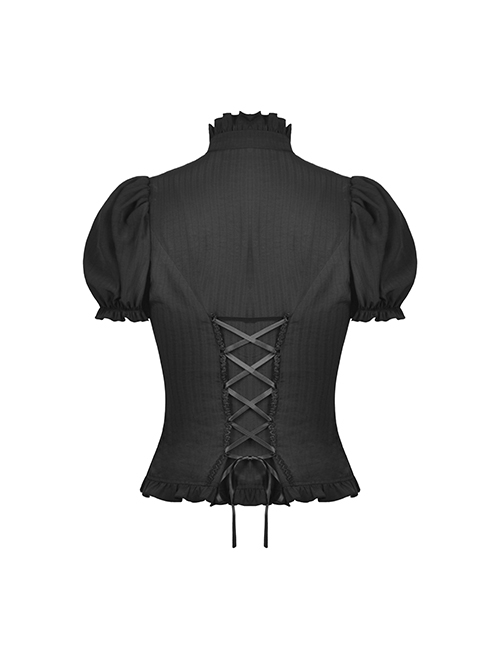 Gothic Style Retro Stand Collar Palace Ruffle Neckline Elegant Black Puff Short Sleeves Slim Blouse