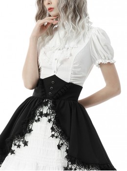 Gothic Style Elegant Stand Collar Palace Ruffle Neckline White Retro Puff Short Sleeves Slim Blouse