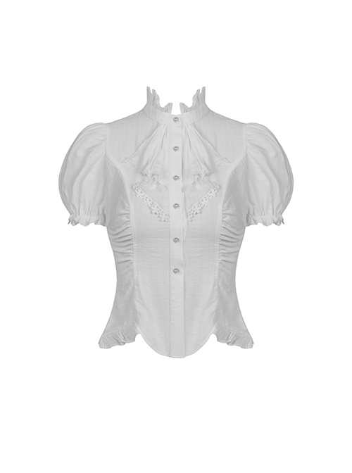 Gothic Style Elegant Stand Collar Palace Ruffle Neckline White Retro Puff Short Sleeves Slim Blouse