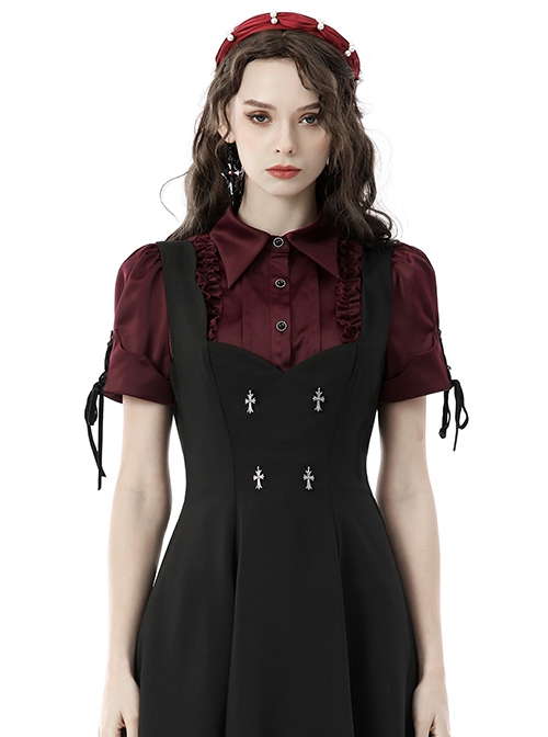Gothic Style Exquisite Lapel Ruffle Decoration Retro Wine Red Short Puff Sleeves Slim Blouse