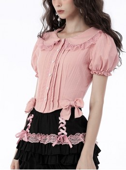 Punk Style Cute Doll Collar Sweet Bowknot Lace Decoration Love Button Pink Puff Sleeves Slim Short Blouse