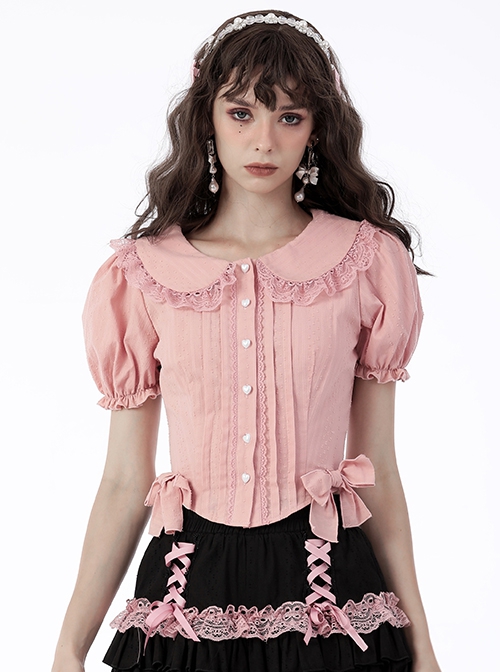 Punk Style Cute Doll Collar Sweet Bowknot Lace Decoration Love Button Pink Puff Sleeves Slim Short Blouse