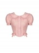 Punk Style Cute Doll Collar Sweet Bowknot Lace Decoration Love Button Pink Puff Sleeves Slim Short Blouse