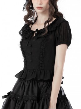 Gothic Style Exquisite Ruffled Neckline Lace Hem Thin Material Black Puff Sleeves Short Top