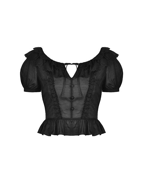 Gothic Style Exquisite Ruffled Neckline Lace Hem Thin Material Black Puff Sleeves Short Top