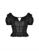 Gothic Style Exquisite Ruffled Neckline Lace Hem Thin Material Black Puff Sleeves Short Top