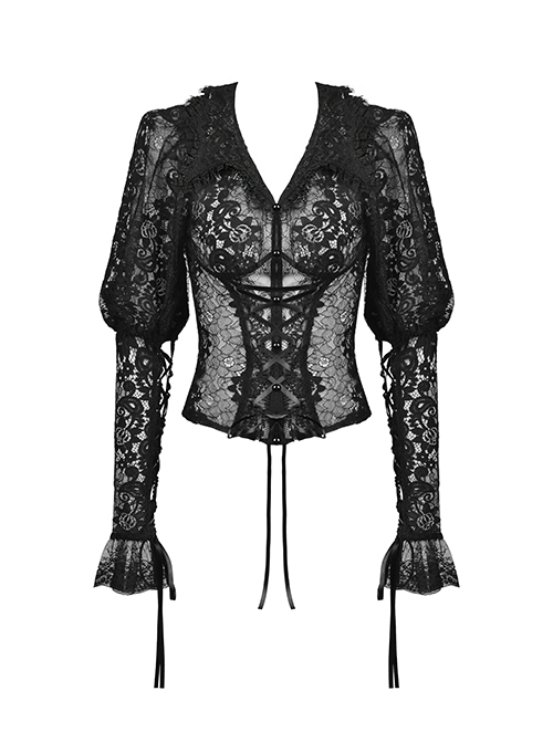 Gothic Style Sexy V Neck Ultra Thin See Through Lace Elegant Ribbon Black Retro Long Sleeves Slim Blouse