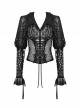 Gothic Style Sexy V Neck Ultra Thin See Through Lace Elegant Ribbon Black Retro Long Sleeves Slim Blouse
