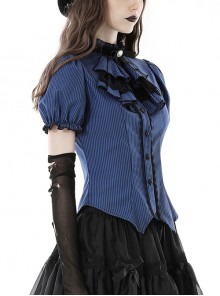 Gothic Style Retro Stand Collar Palace Ruffled Delicate Lace Blue Striped Slim Puff Sleeves Blouse
