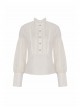 Steampunk Style Retro Stand Collar Lace Ruffled Bronze Button Loose Off White Long Sleeves Blouse
