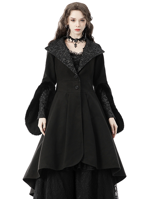 Gothic Style Witch Detachable Plush Trimmed Hat Delicate Lapels Elegant Black Warm Wool Coat