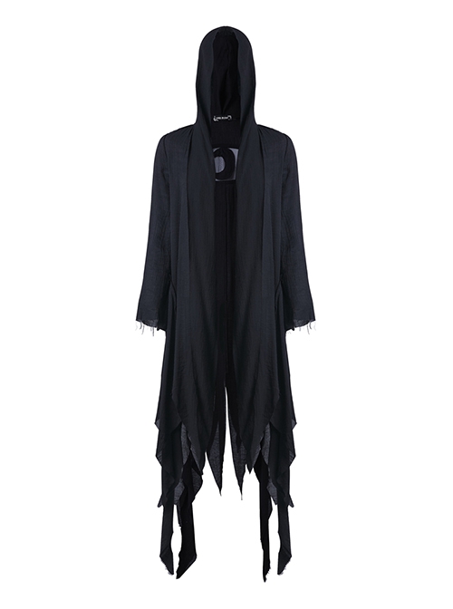 Punk Style Ghost Thin Mesh Back Moon Rivets Decorated Irregular Hem Black Retro Loose Casual Long Sleeves Coat