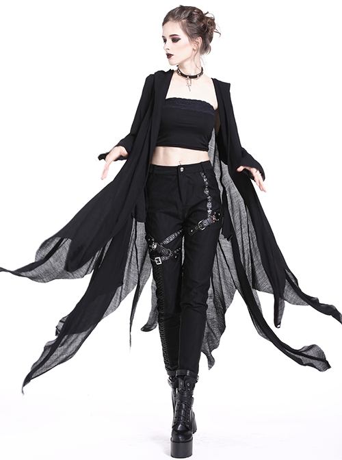 Punk Style Ghost Thin Mesh Back Moon Rivets Decorated Irregular Hem Black Retro Loose Casual Long Sleeves Coat