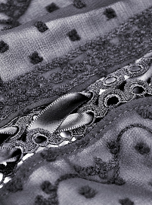 Gothic Style V Neck Delicate Lace Frill Thin Mesh Back Hollow Lace Elegant Black Chiffon Long Sleeves Coat